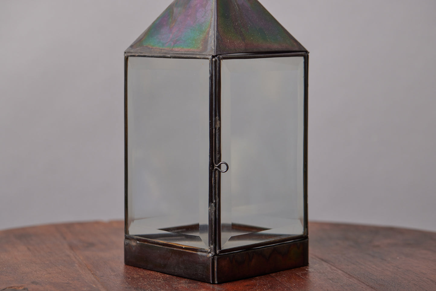 Small and Low Tin and Beveled Glass Lantern from Bali with Square Chimney