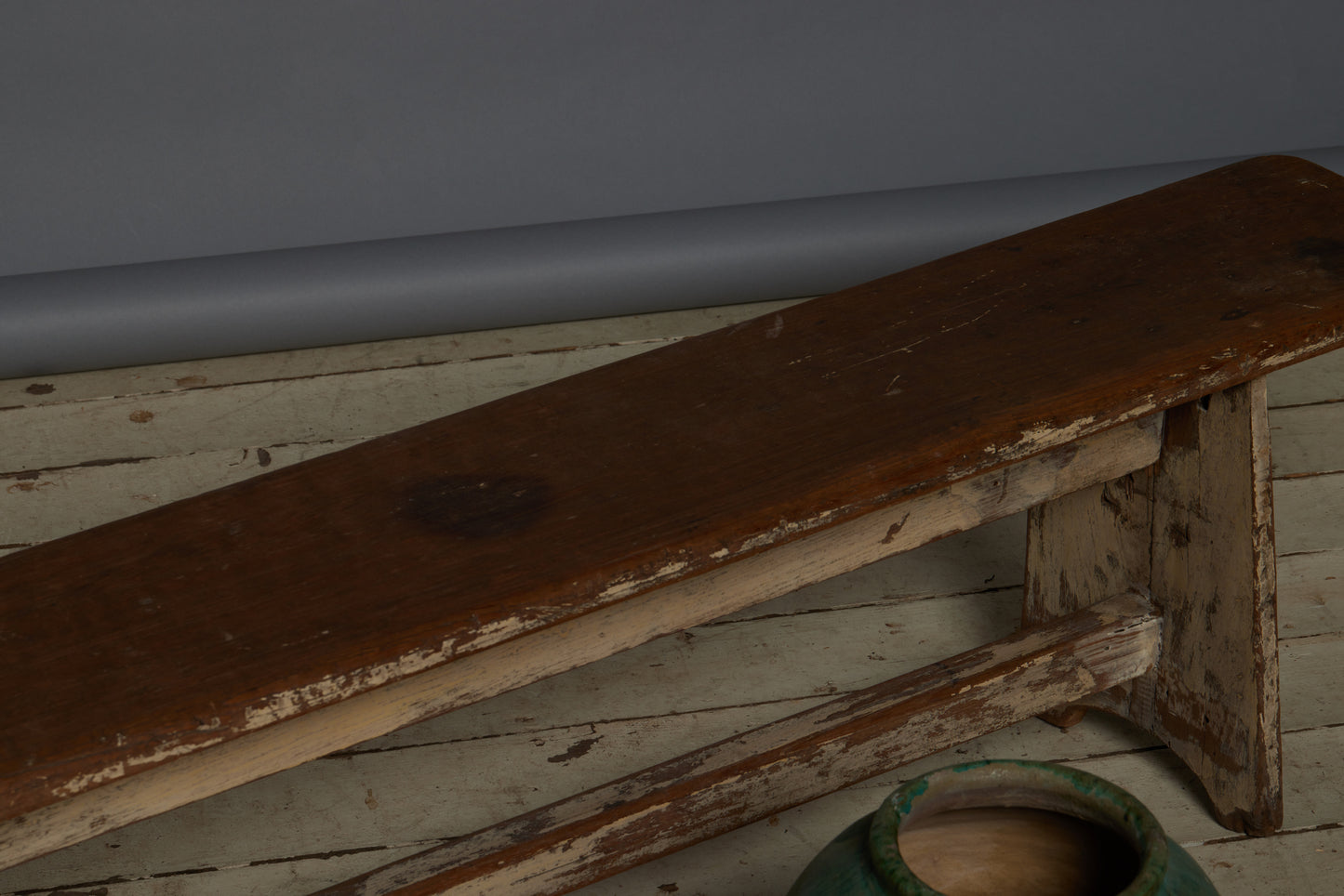 Simple Plank Top Teak Bench with Shaped Wide Board Leg and Stretcher Base