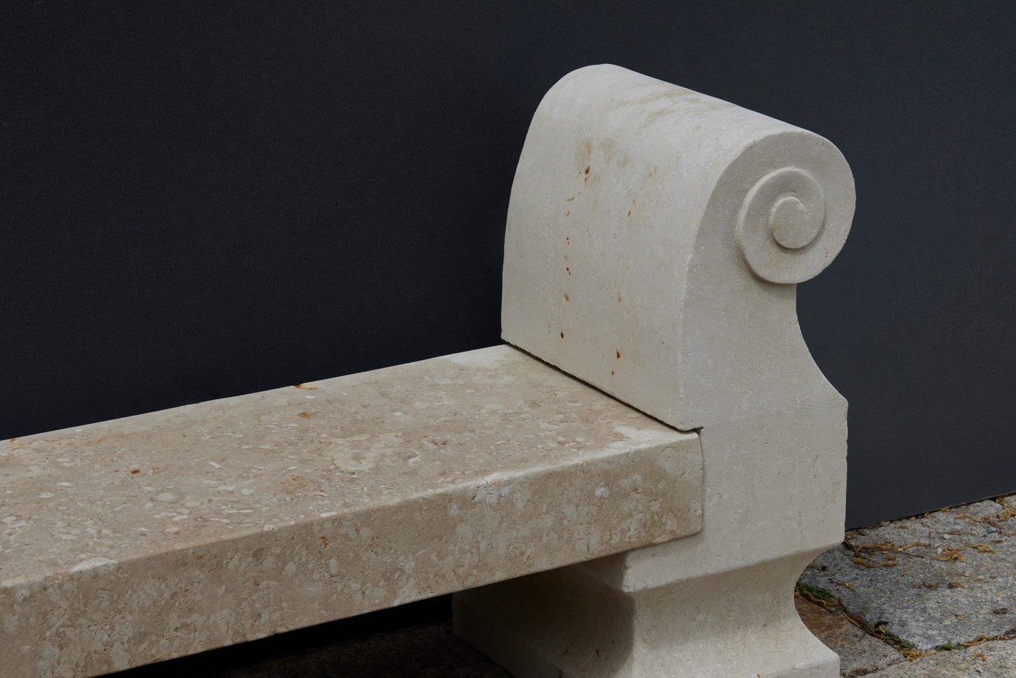 Hand Hewn French Limestone Bench with Scroll Arms