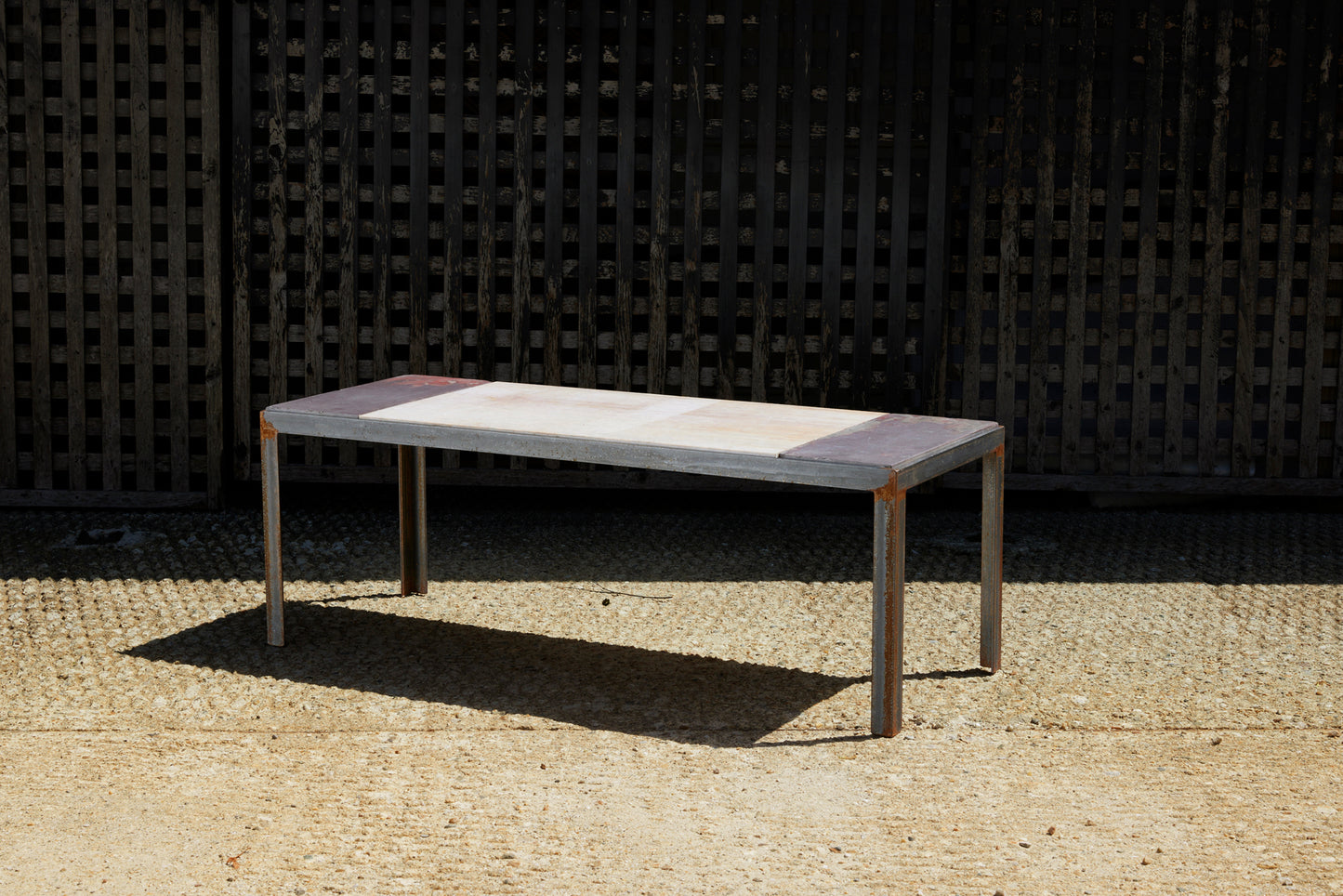 Large Multi Part Limestone and Marble Top Coffee Table with Iron Base
