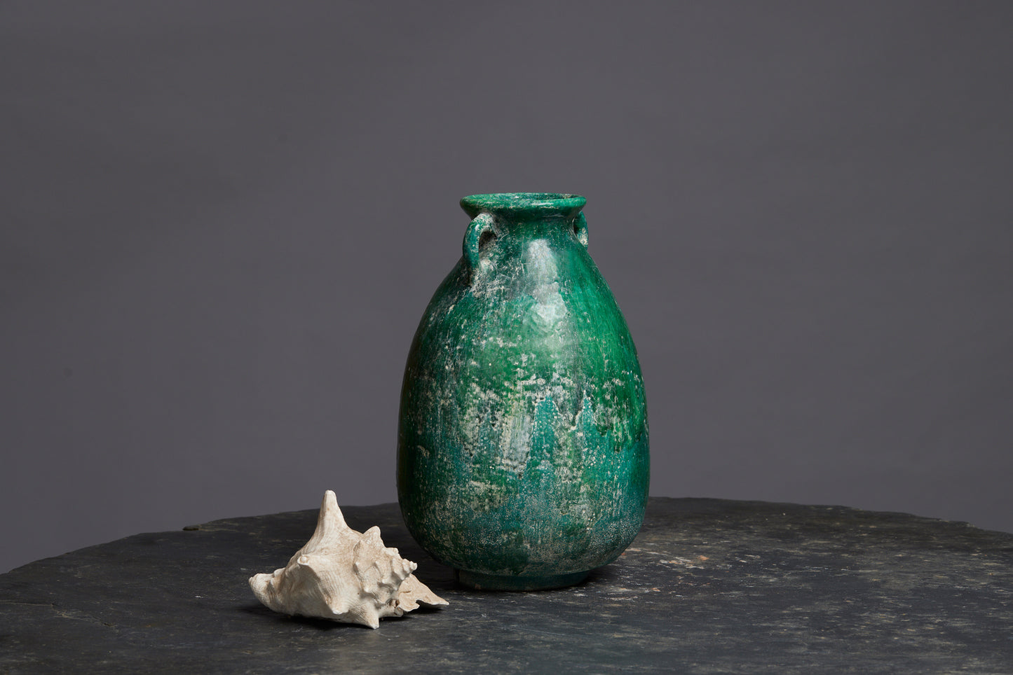 Small Dark Green Glaze Jar with Two Applied Handles
