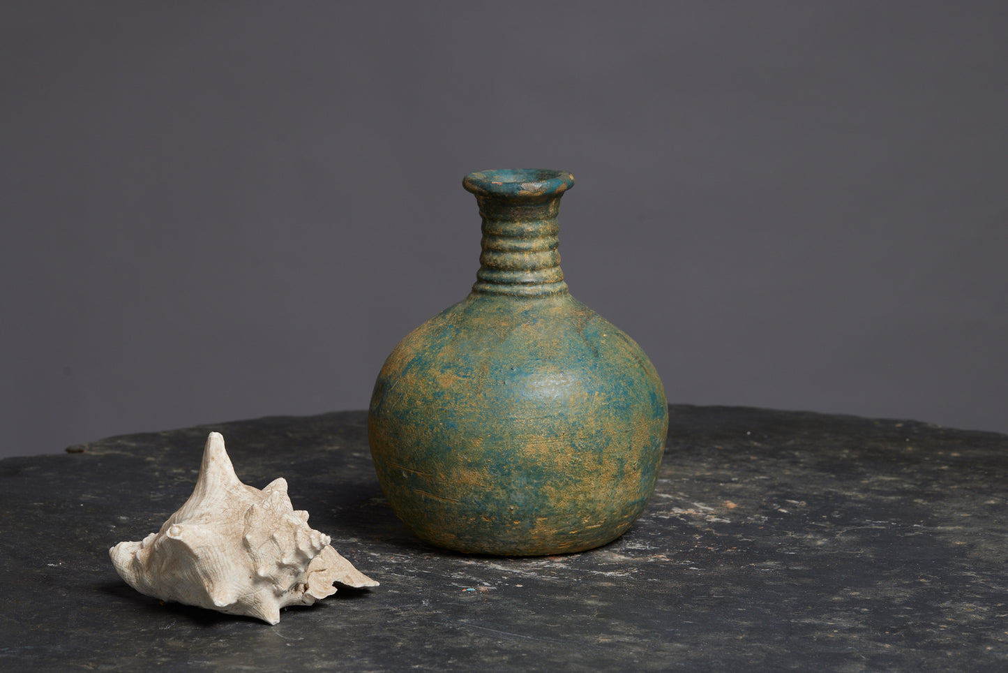 Medium Green Blue Glaze Borneo Water Pot with a Banded Neck
