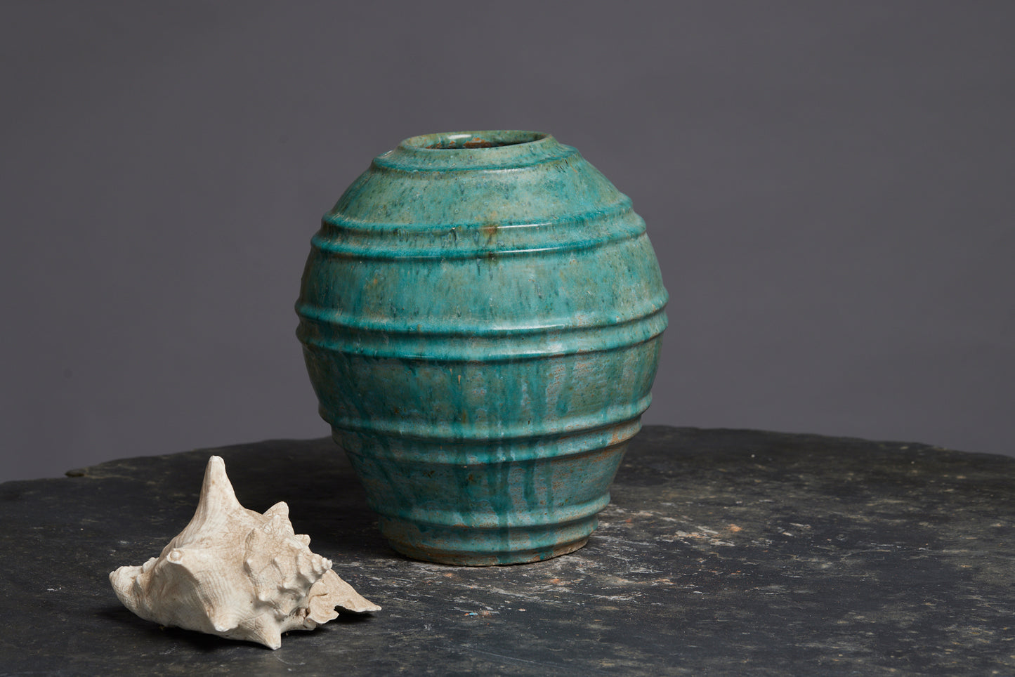 Ovoid Shaped Green Glaze Borneo Pot with Bands