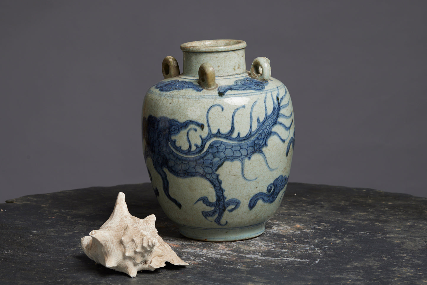 Ming Swatow Large Water Jar with a Blue Underglaze Dragon and Cloud Decoration