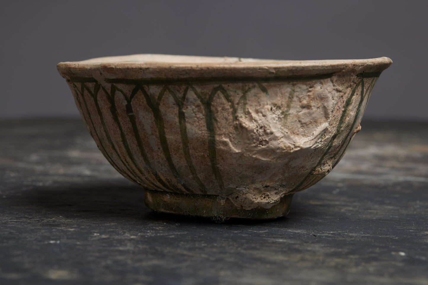 Large Celadon Shipwreck Bowl with Oysters and Incised Decoration and Gadrooned Exterior
