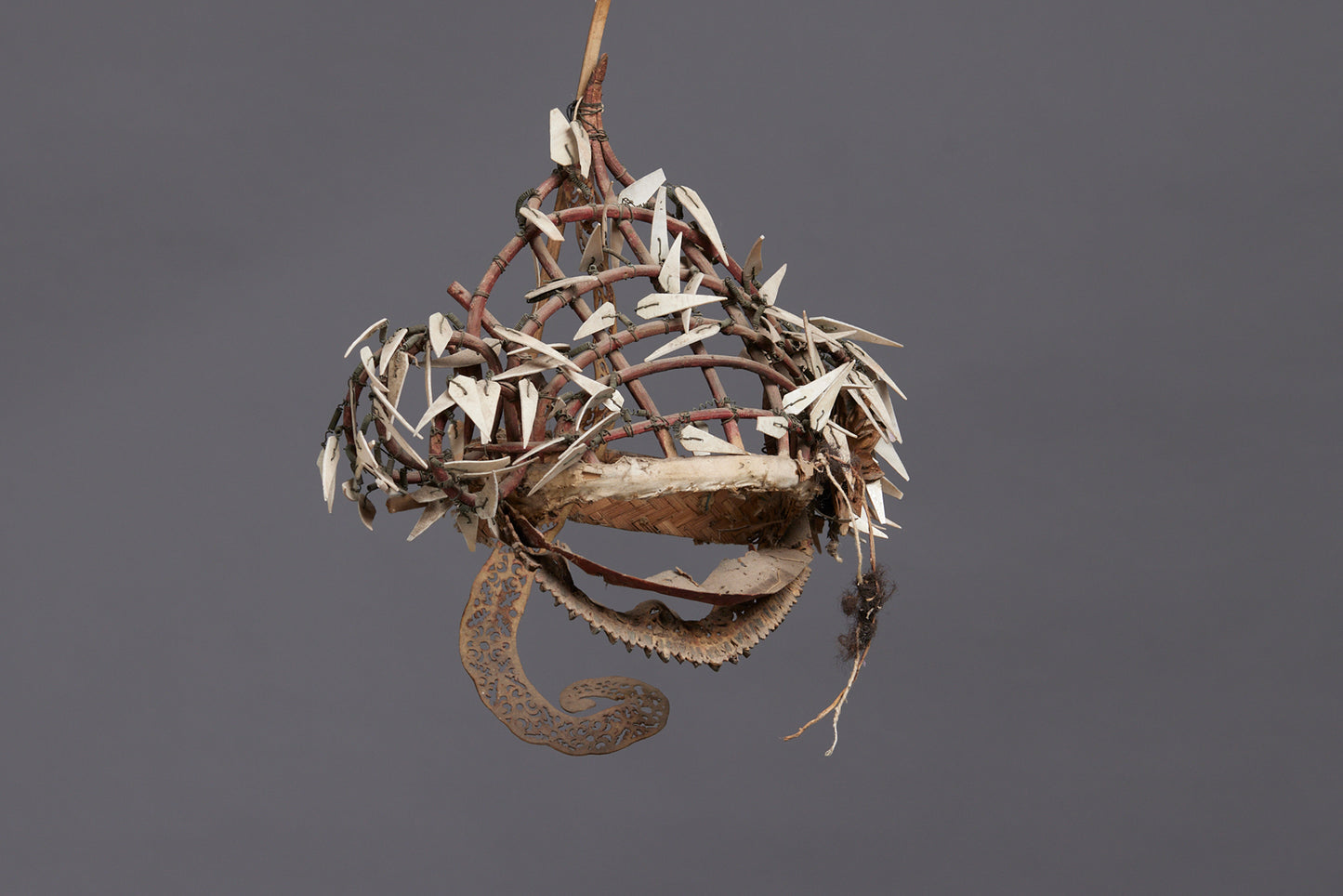 Ceremonial Hat from Kalimantan with Bone and Parchment Decoration and Traces of Bear Fur