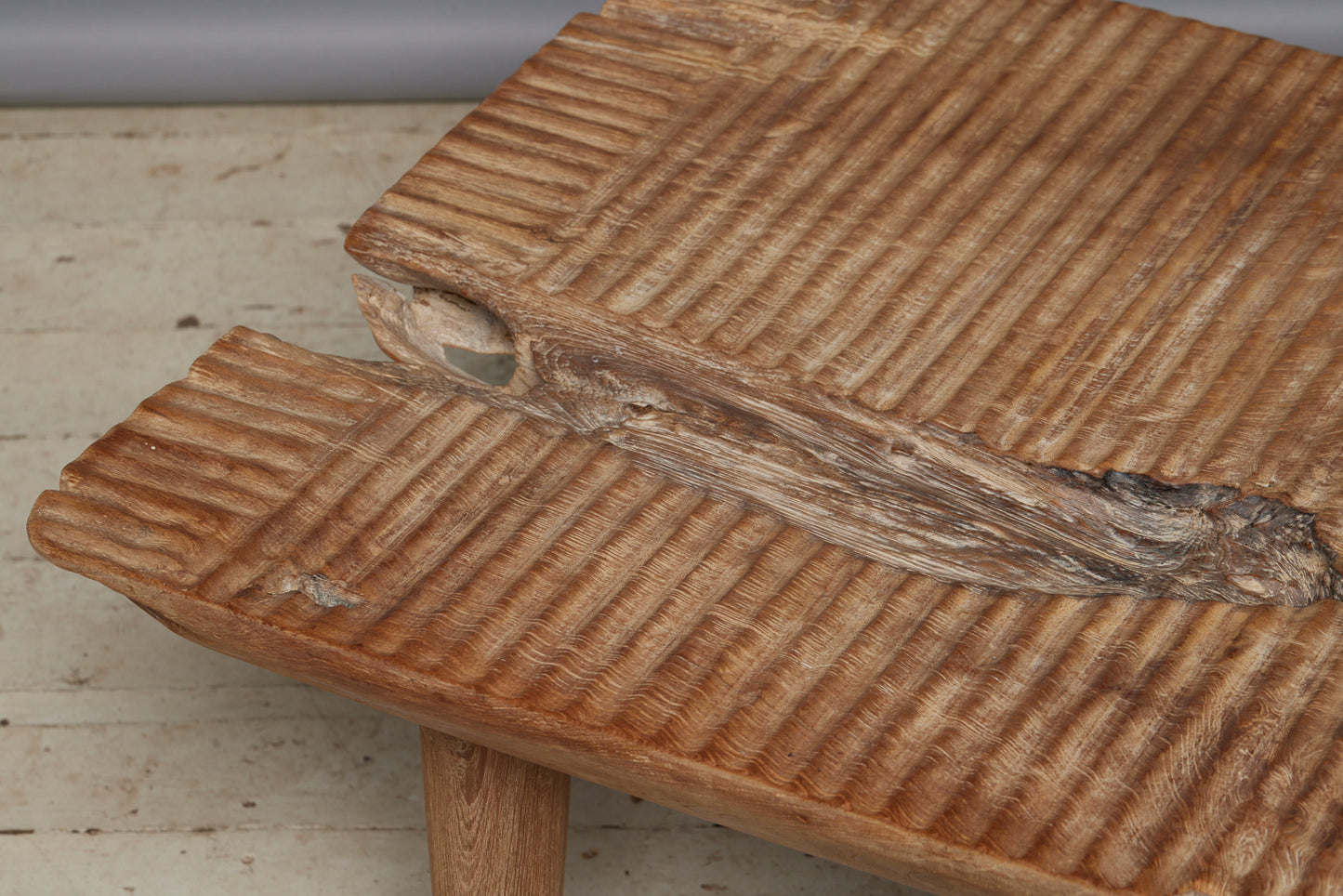 Thick Reeded Top Natural Teak Wood Coffee Table with Simple Tapered Legs