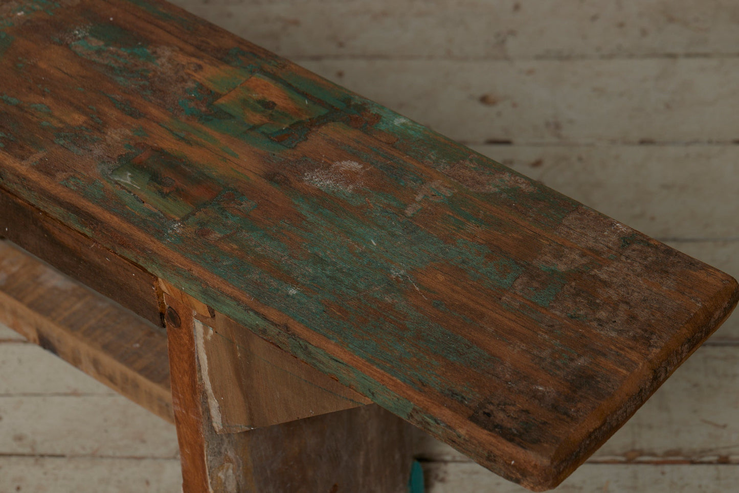 Long Stretcher Base Painted Teak Bench from Java - detail