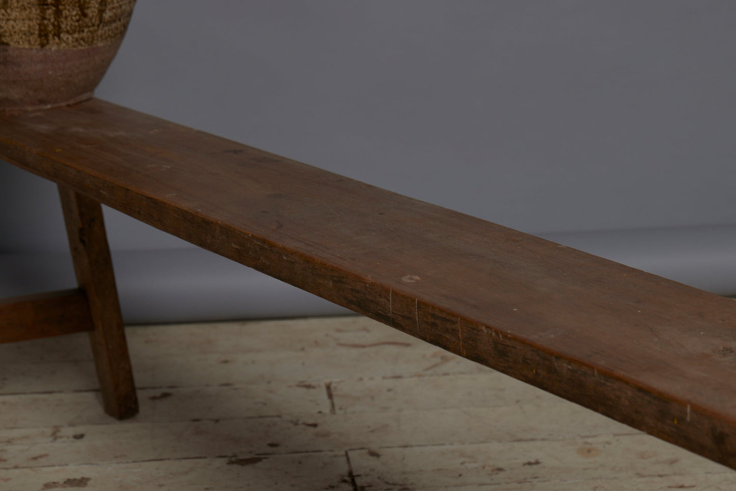 Long Skinny Dutch Colonial Teak Bench with a Stretcher Base from Java - detail