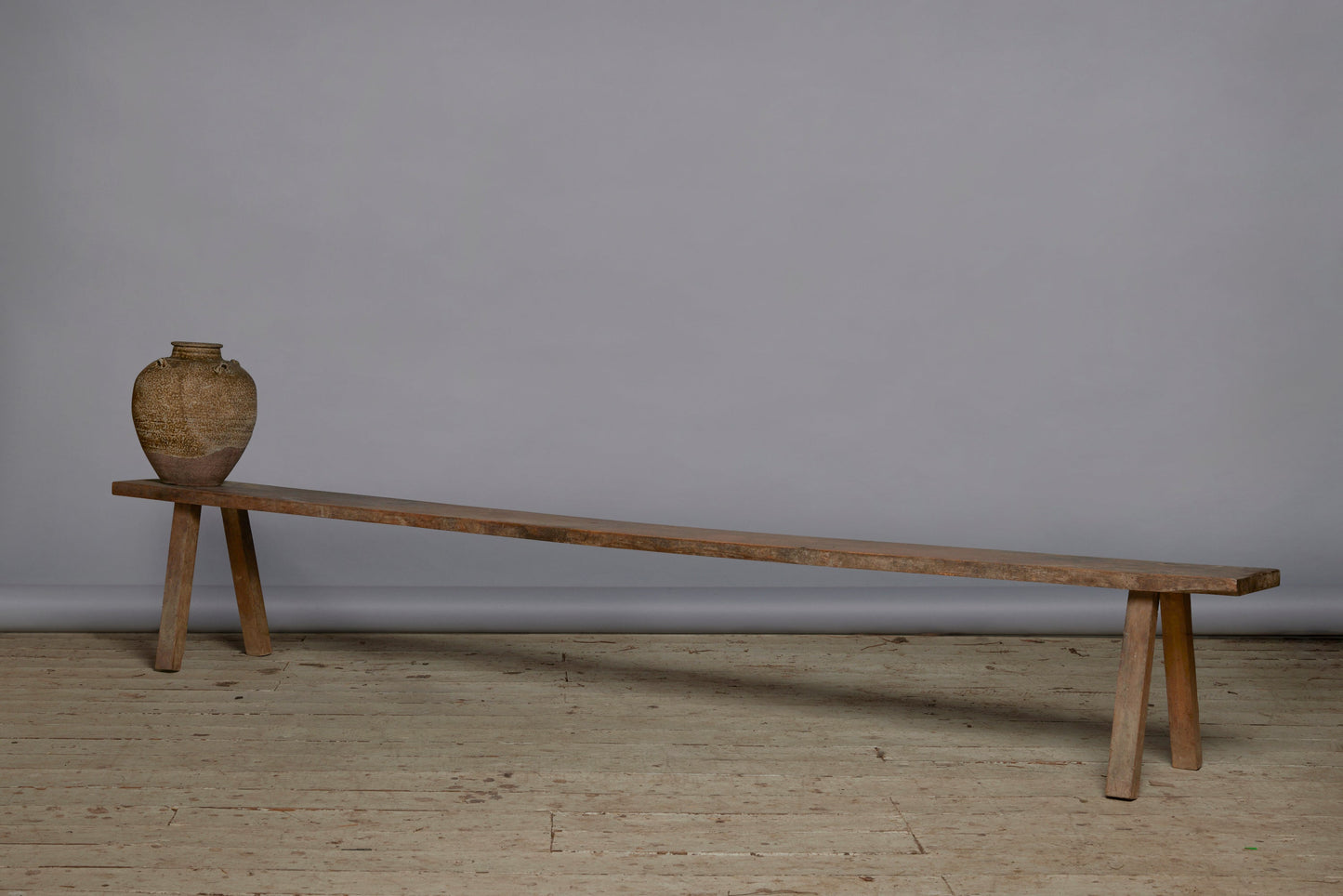 Extra-Long Splayed-Leg Wide-Top Teak Bench from an Indonesian Church - detail