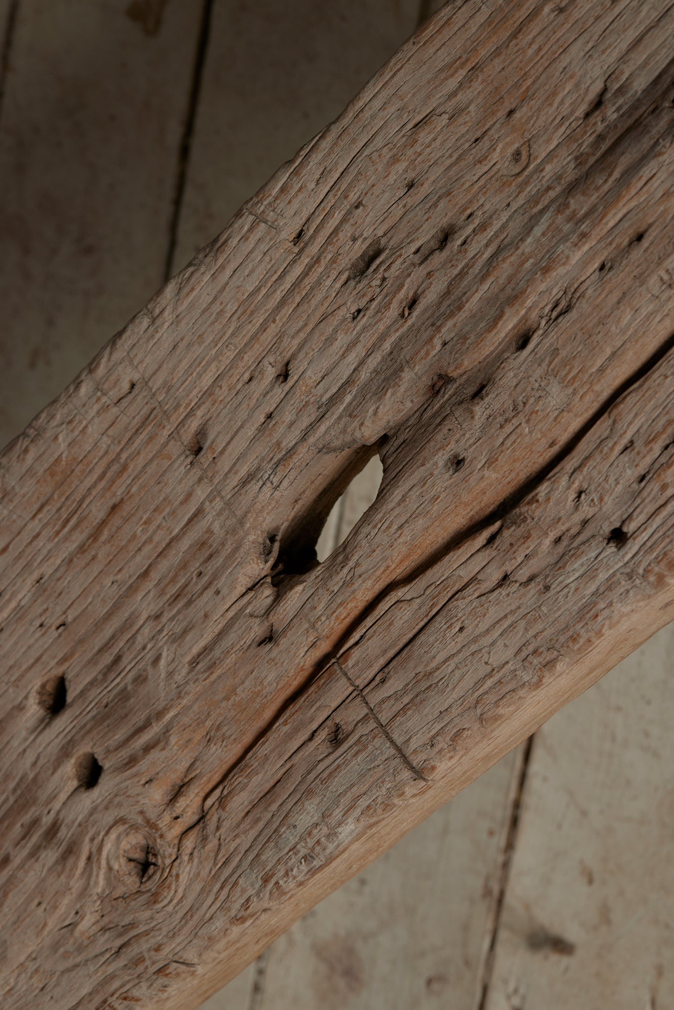 Thick Top White Washed Old Teak Bench with Round Tapered Splayed Legs and a Soft Old Weathered Patina