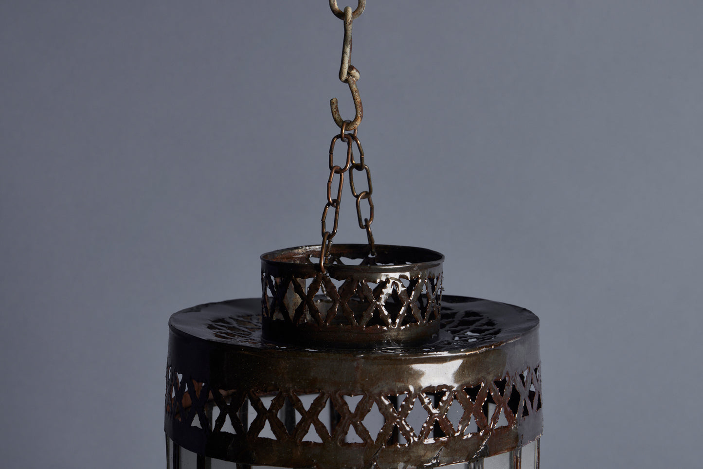 Frosted Glass & Tin Paneled Hanging Moroccan Lantern