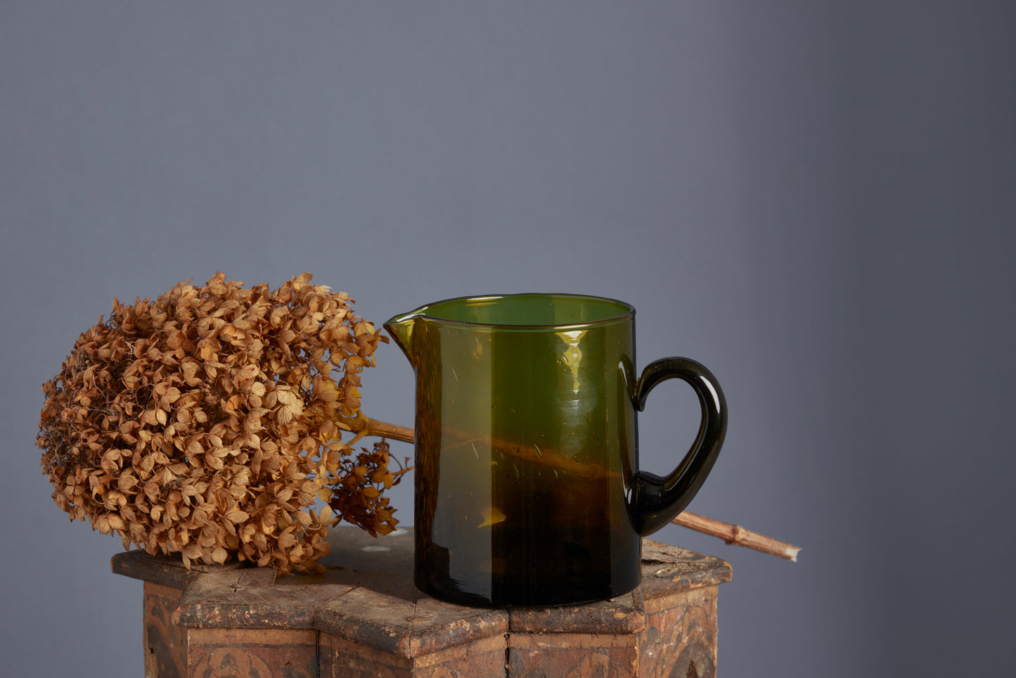 Medium Hand Blown Olive Colored Glass Pitcher
