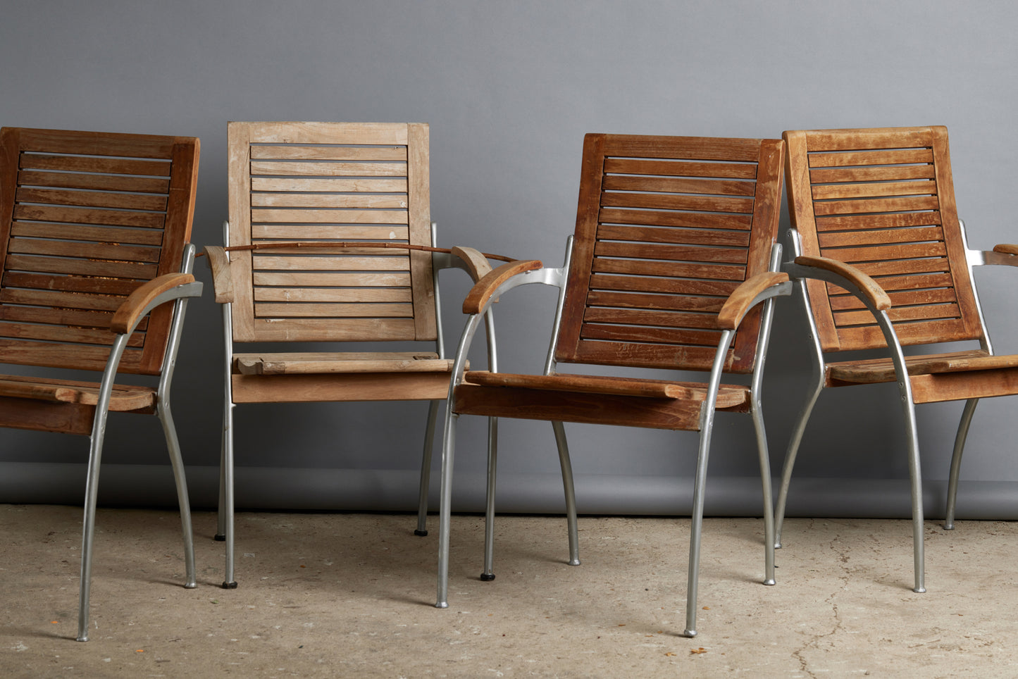 Set of Four Dining Armchairs in Teak & Aluminum