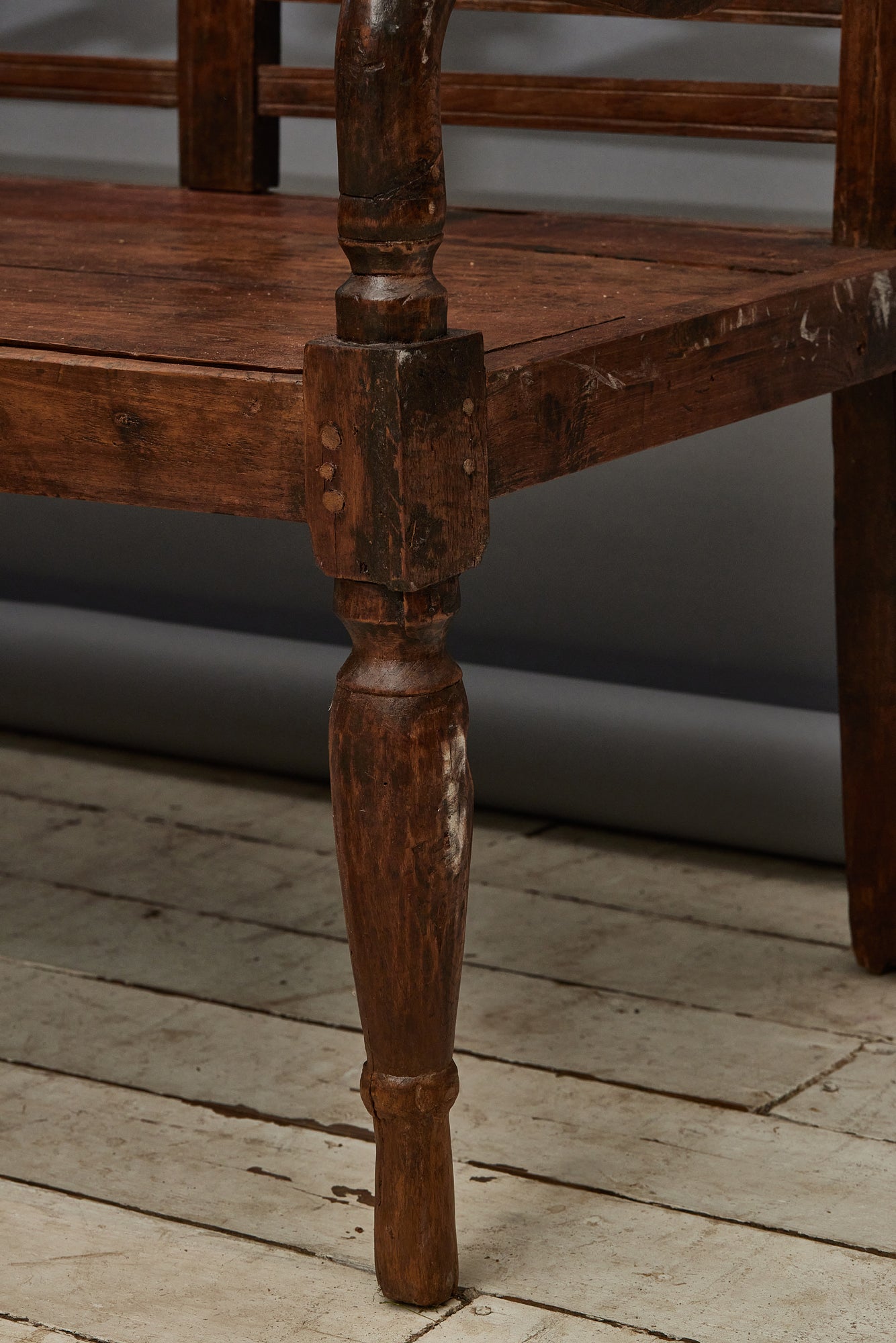 Dutch Colonial Teak Bench from Java with Hashtag Medallions Along the Back