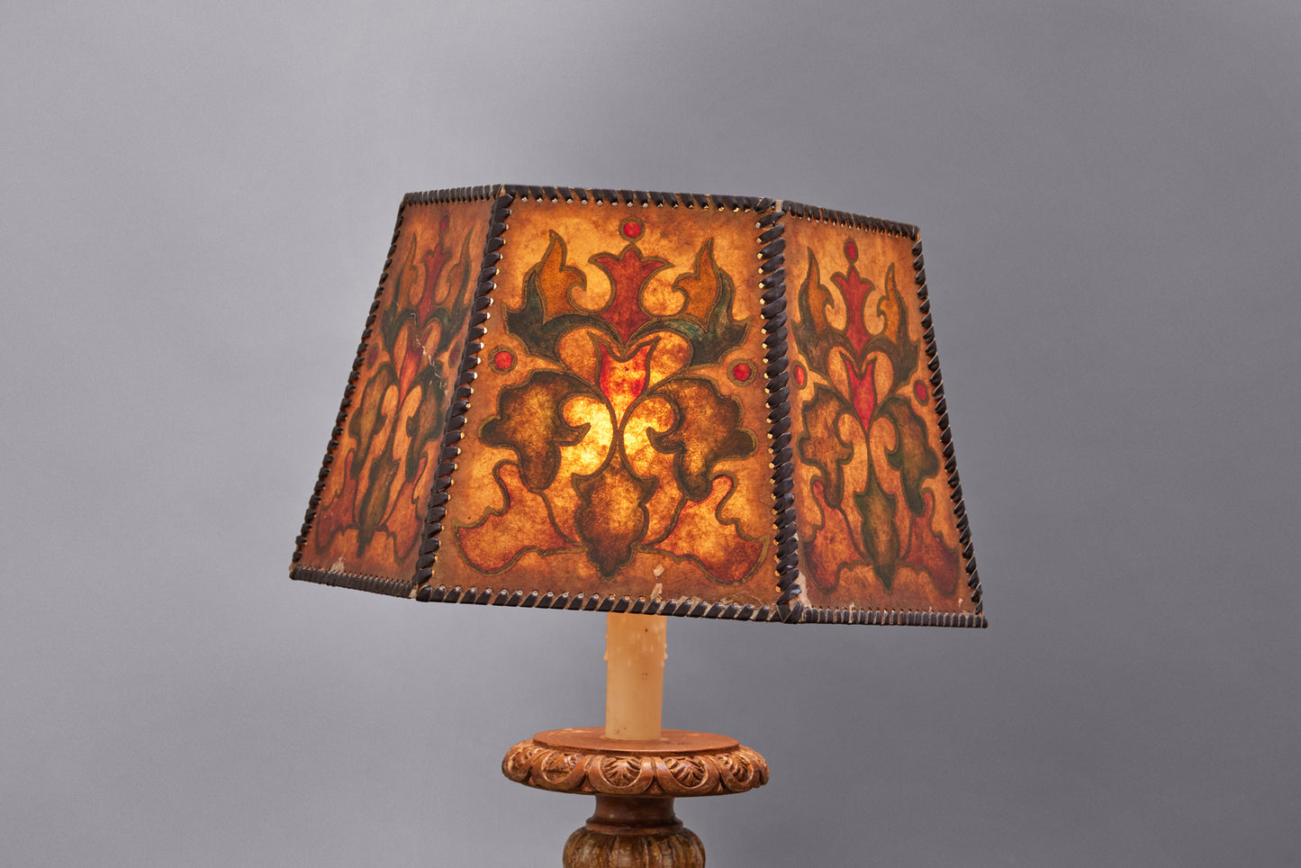 Hexagonal Polychrome Decorated Mica Lampshade from the 1920's with Leather