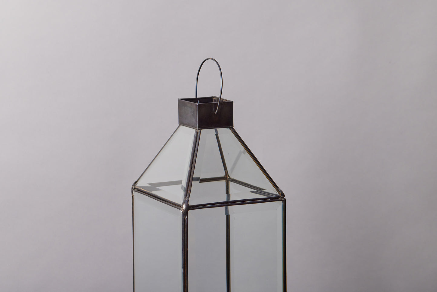 Medium Sized Beveled Glass & Tin Lantern with Angled Base & Open Top