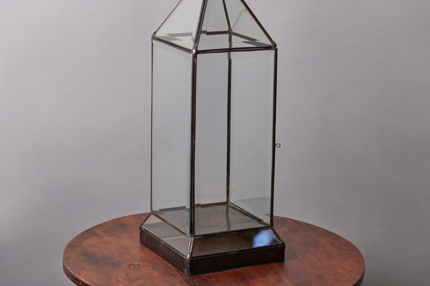 Medium Sized Beveled Glass & Tin Lantern with Angled Base & Open Top
