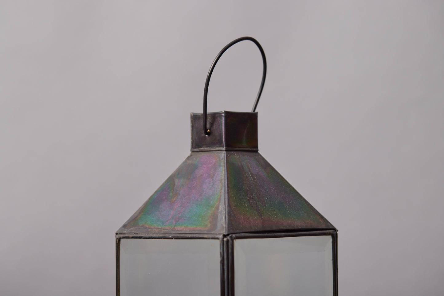 Small and Low Tin and Beveled Glass Lantern from Bali with Square Chimney