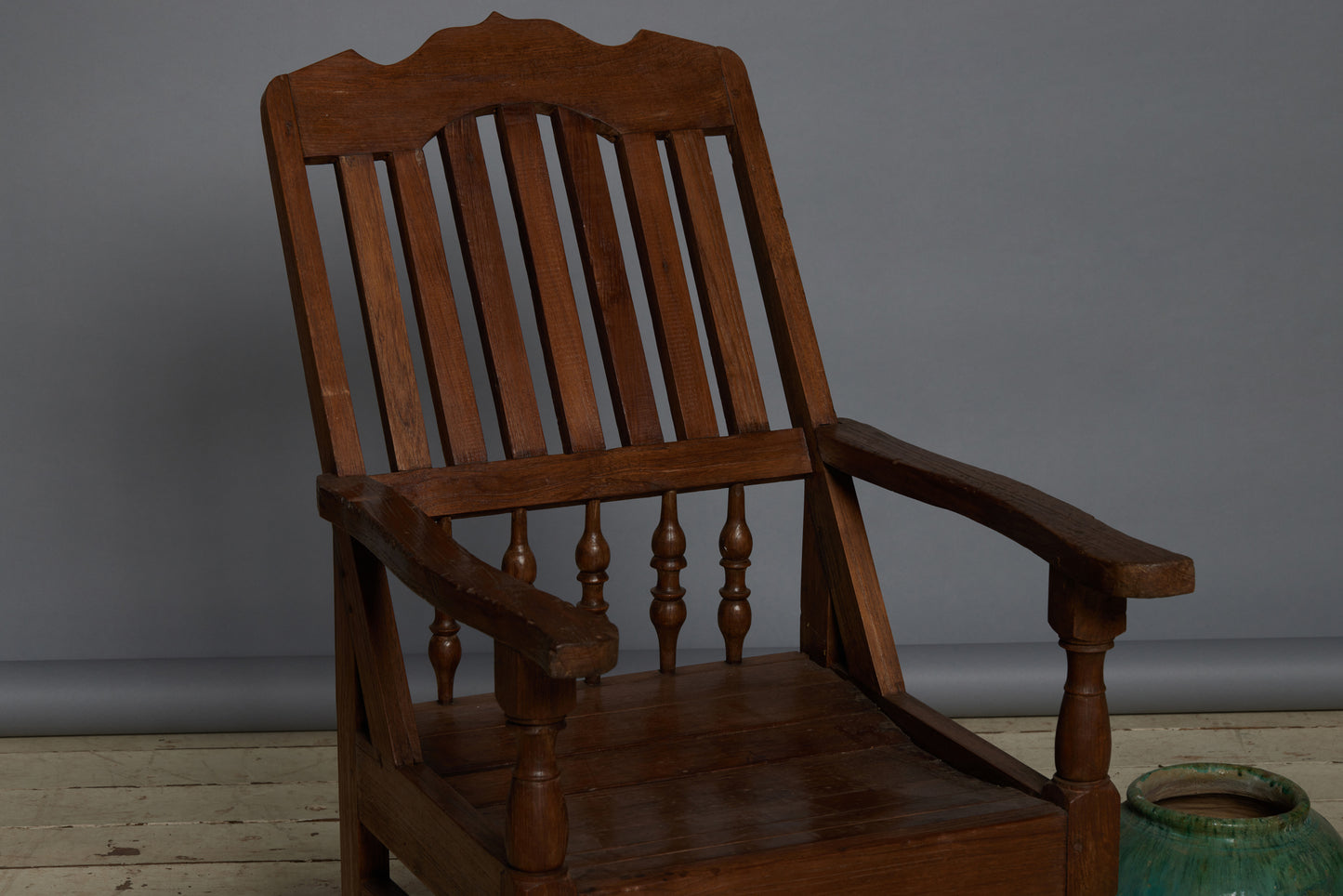 19th Century Slat Bench Dutch Colonial Teak Lounge Chair with Shaped Crest
