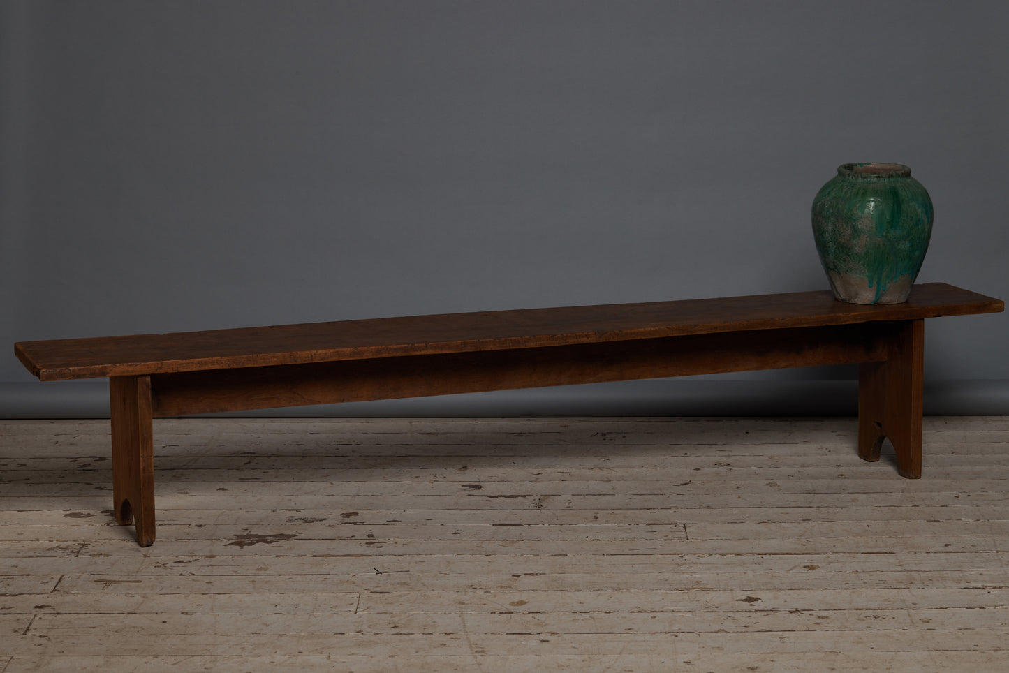 Simple Plank Top Teak Bench with Shaped Wide Board Leg and Stretcher Base