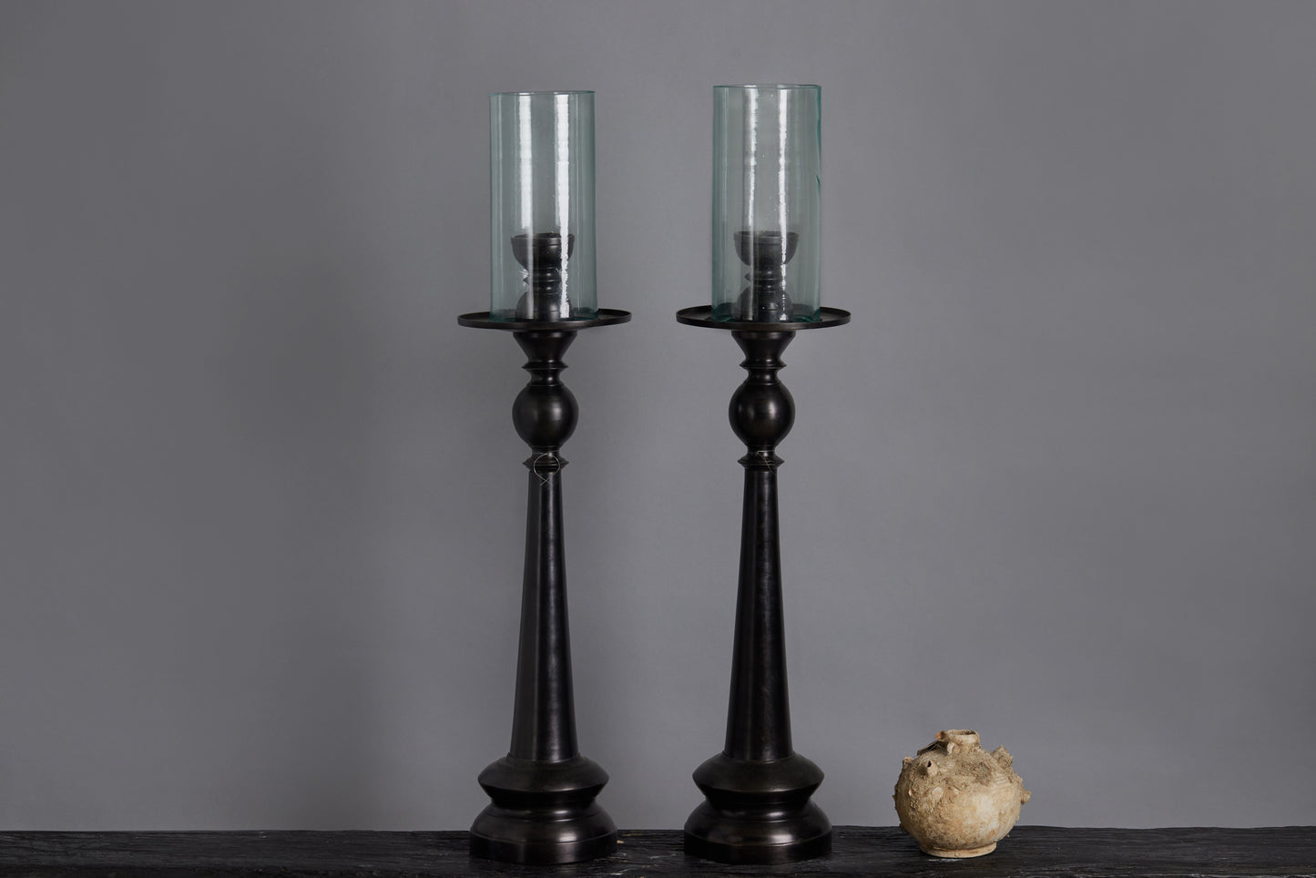 Medium Tall Bronze and Glass Hurricane Candle Holder from Java