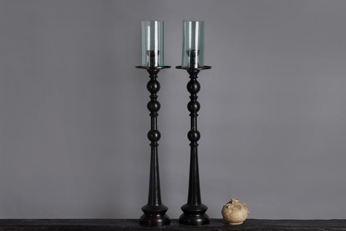Javanese Tallest Bronze and Glass Hurricane Candle Holder