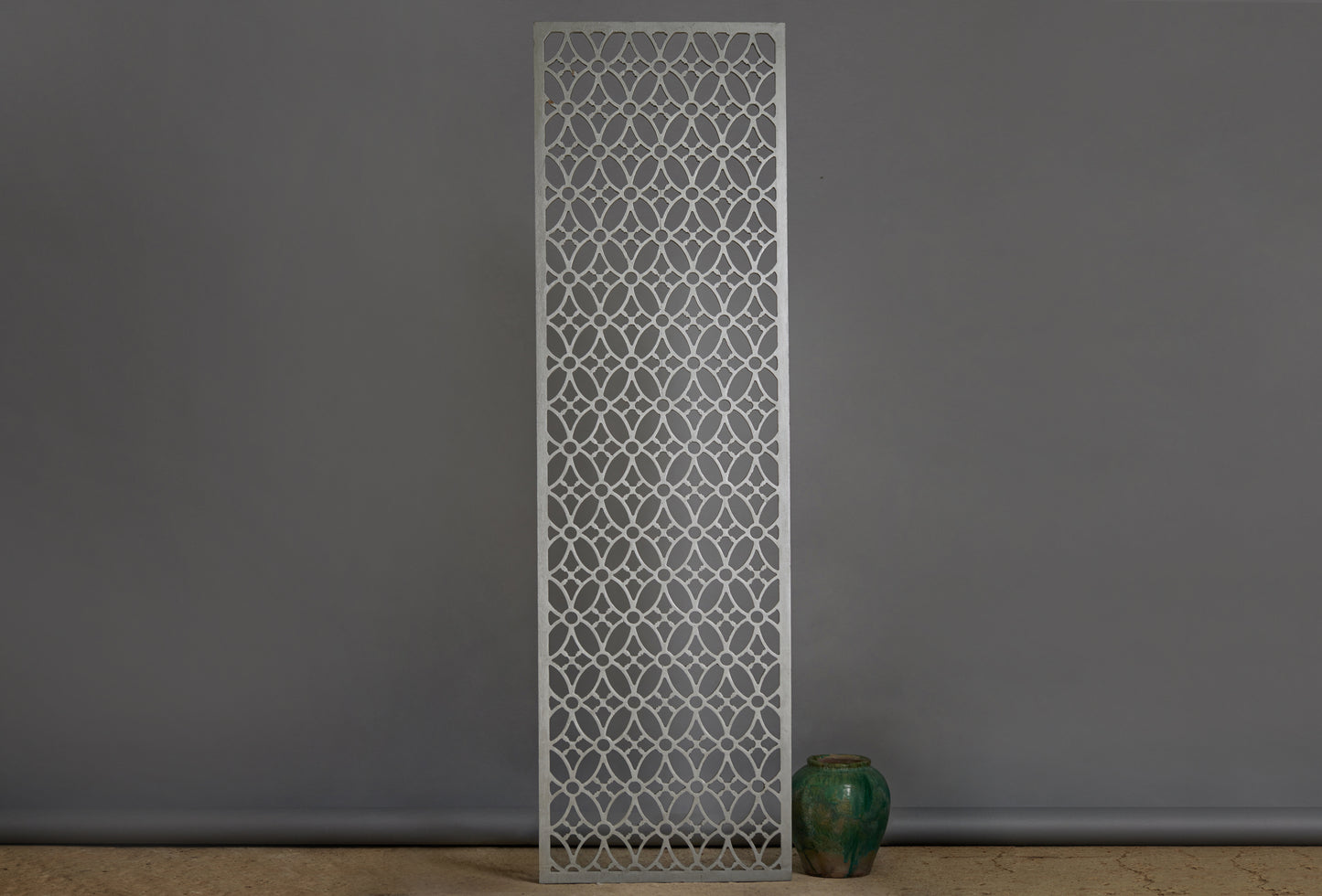 Pierce Worked Screen Carved from a Single Piece of Teak with a Silver Paint