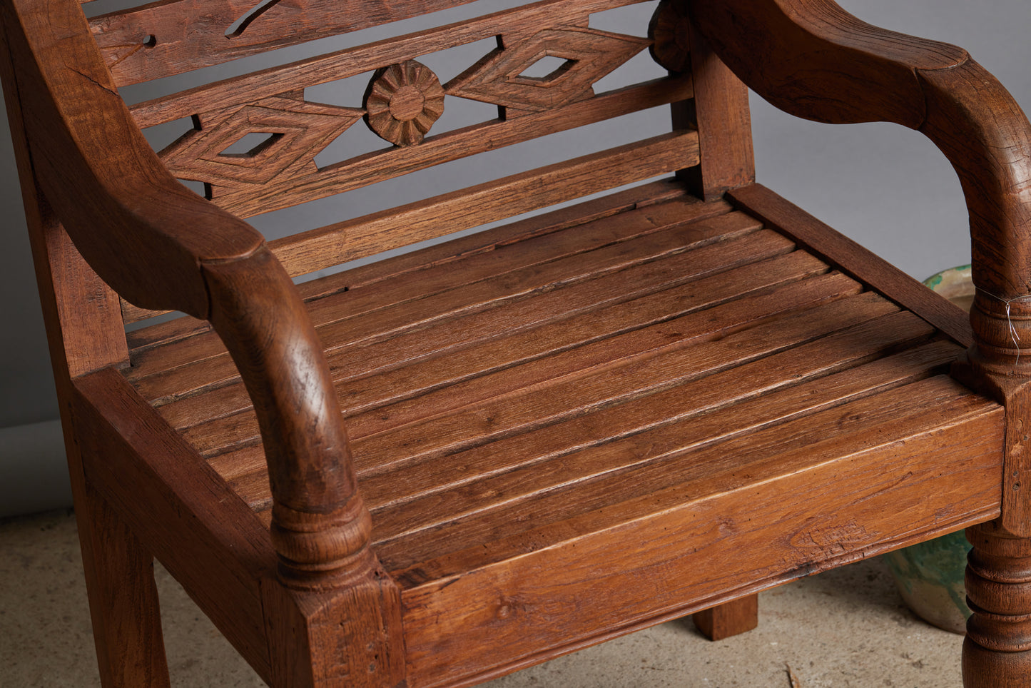 Dutch Colonial Teak Raffles Chair with Slatted Seat & Heavy Arms & Legs from Java
