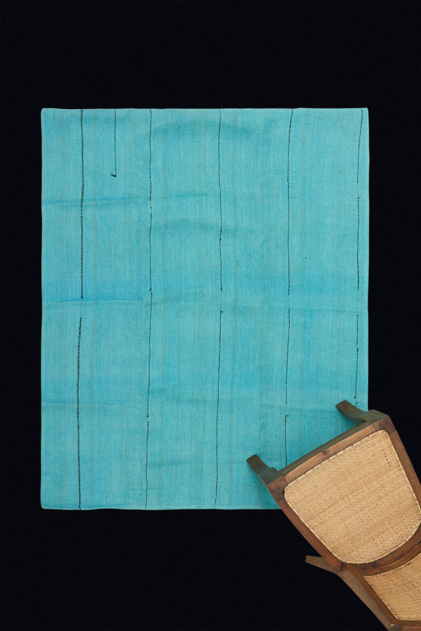 Small Turquoise Hemp Carpet with a Black Strip with a Sail Cloth Backing (4' x 5' 1")