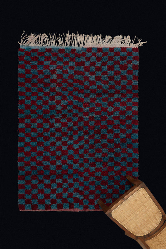 Ruby and Blue Checked Konya Carpet (4' 1" x 5' 10")