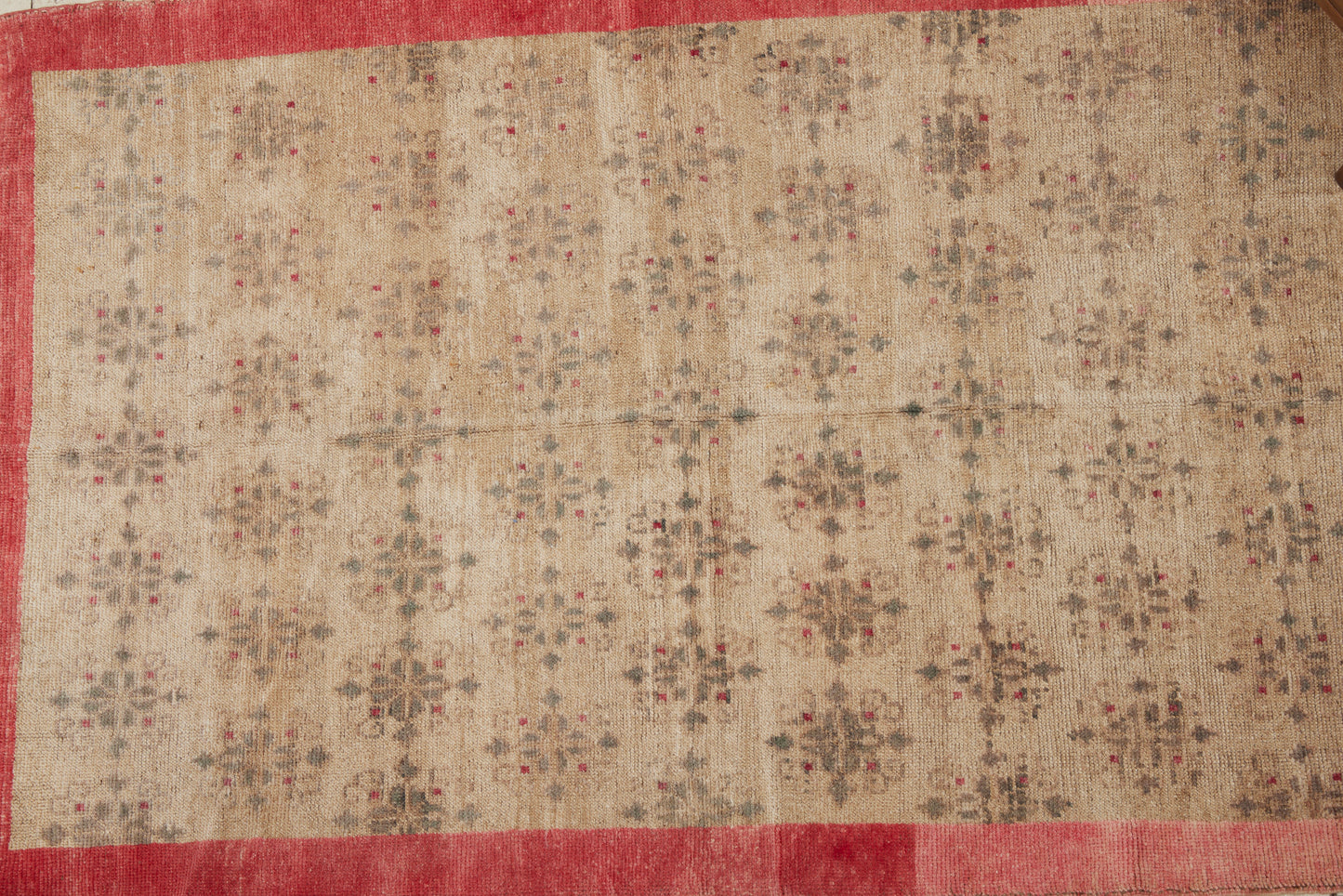Pale Grey and Cream Early Konya Carpet with a Rose Colored Border (4' 4" x 6' 7")