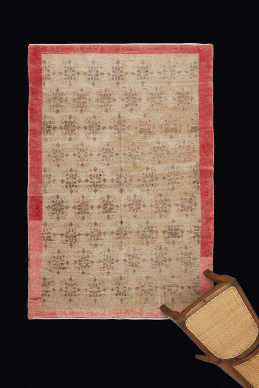 Pale Grey and Cream Early Konya Carpet with a Rose Colored Border (4' 4" x 6' 7")