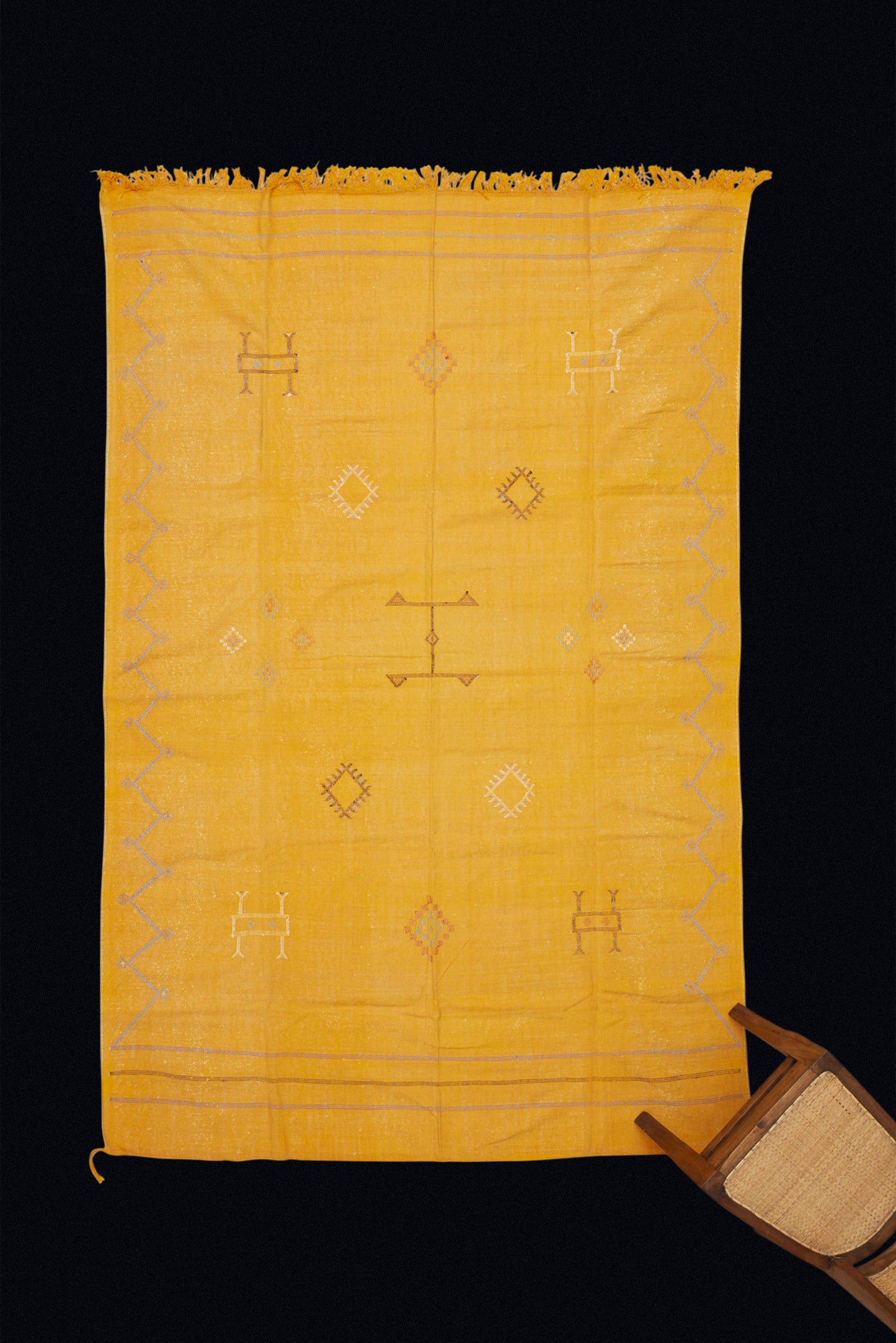 Saffron Colored Flat Woven Hemp and Cotton Berber Carpet with Geometric Design (5' 5" x 8' 9")
