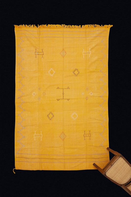 Saffron Colored Flat Woven Hemp and Cotton Berber Carpet with Geometric Design (5' 5" x 8' 9")