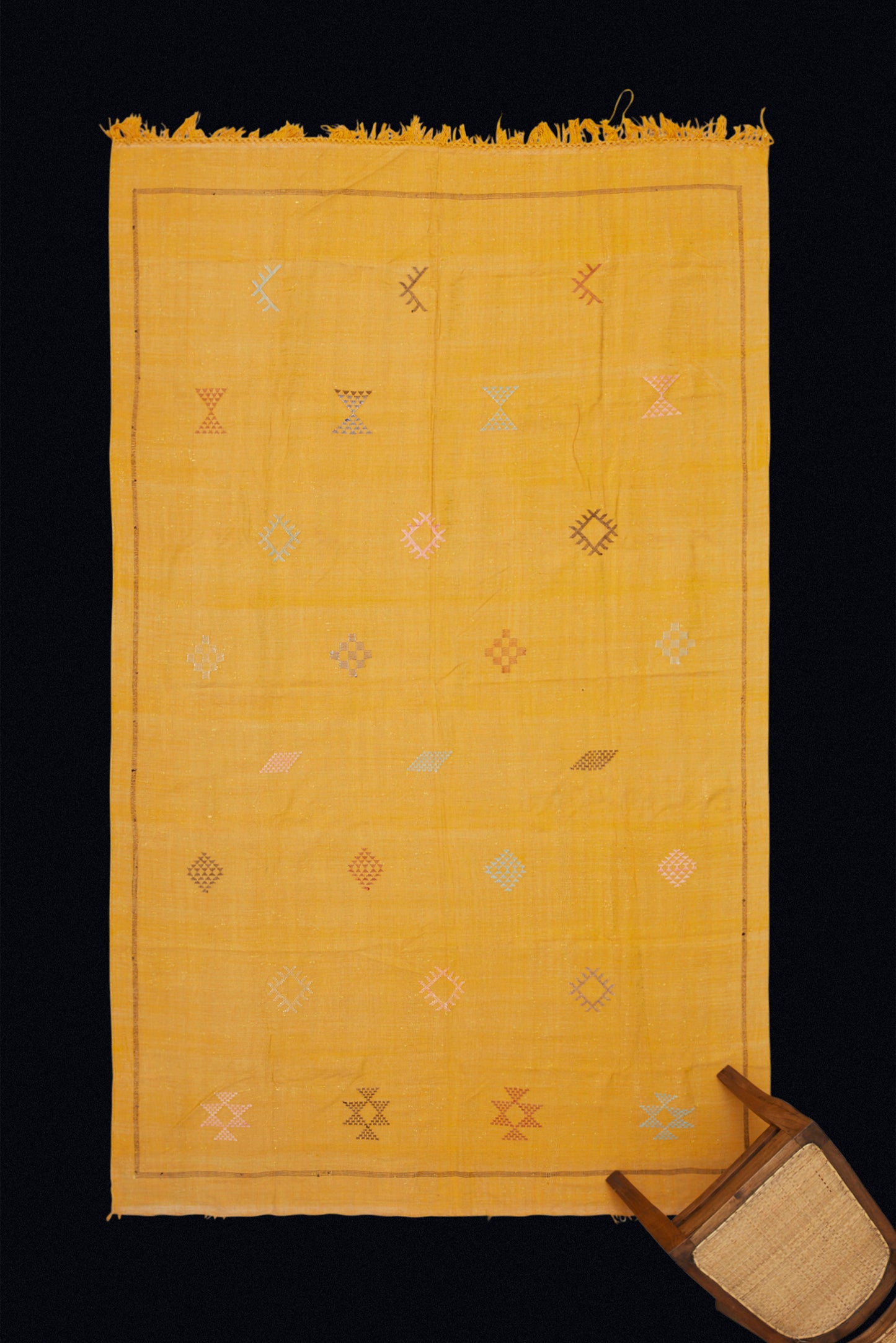 Saffron Colored Flat Woven Hemp and Cotton Berber Carpet with Geometric Design (5' 4" x 9' 2")