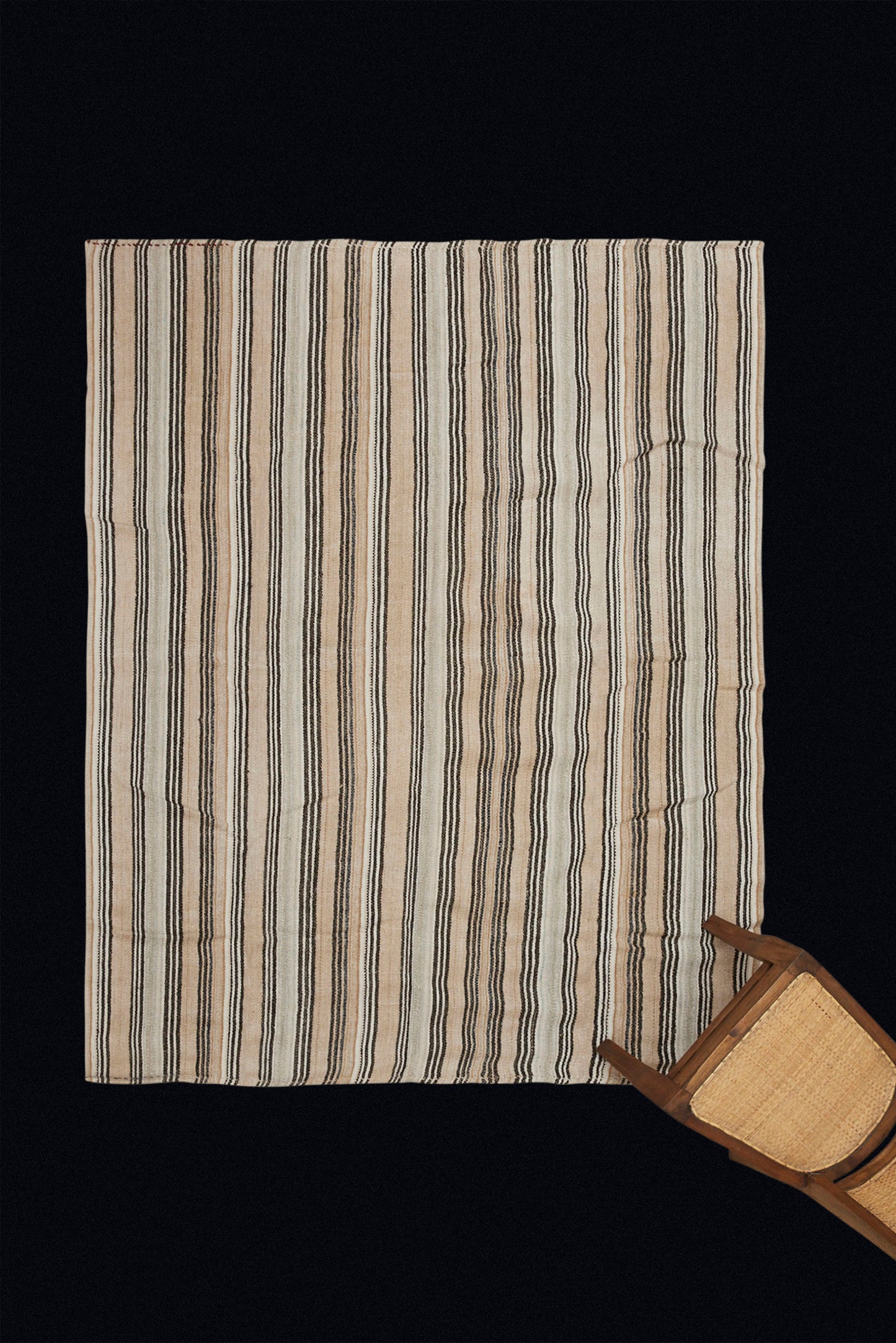 Natural Hemp Carpet with Narrow Bands Horizontal Goat Hair Stripes from Northern Iran (5' 8" x 6' 11")