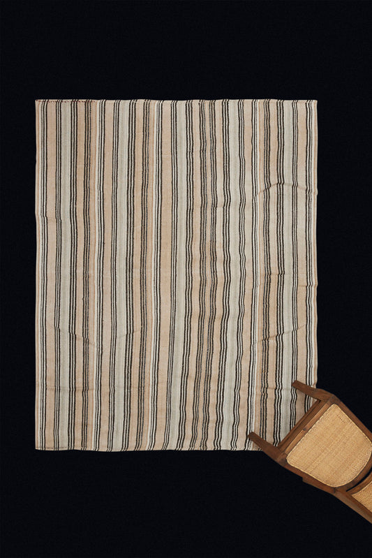 Natural Hemp Carpet with Narrow Bands Horizontal Goat Hair Stripes from Northern Iran (5' 8" x 6' 11")