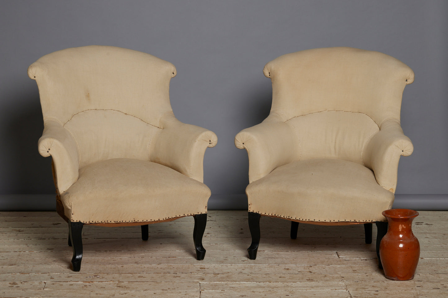 Shape Back Rolled Arms French Upholstered Armchairs with Ebonized Legs