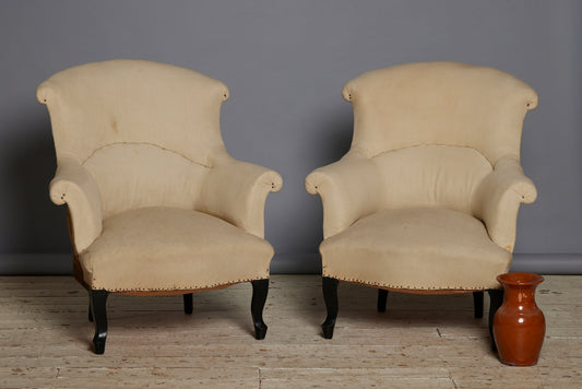 Shape Back Rolled Arms French Upholstered Armchairs with Ebonized Legs