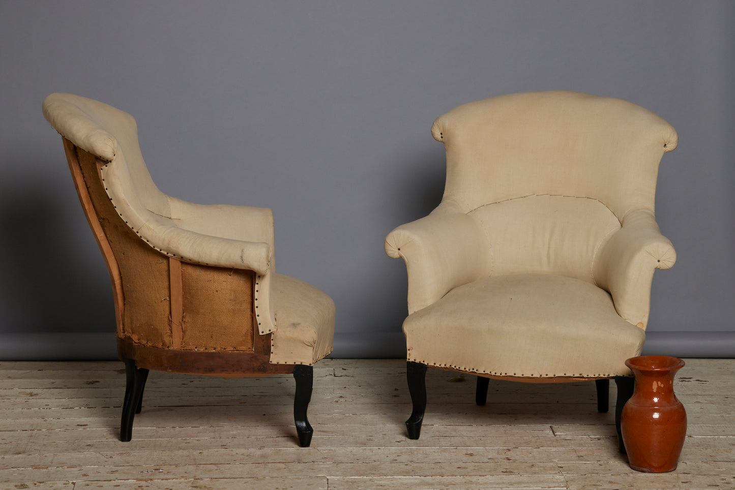 Shape Back Rolled Arms French Upholstered Armchairs with Ebonized Legs