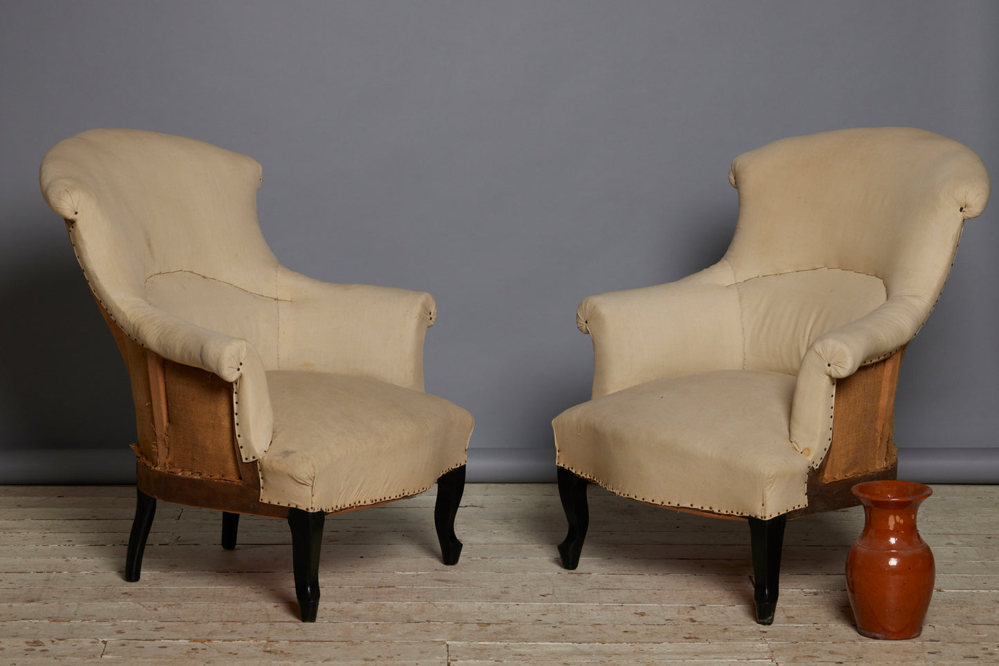 Shape Back Rolled Arms French Upholstered Armchairs with Ebonized Legs