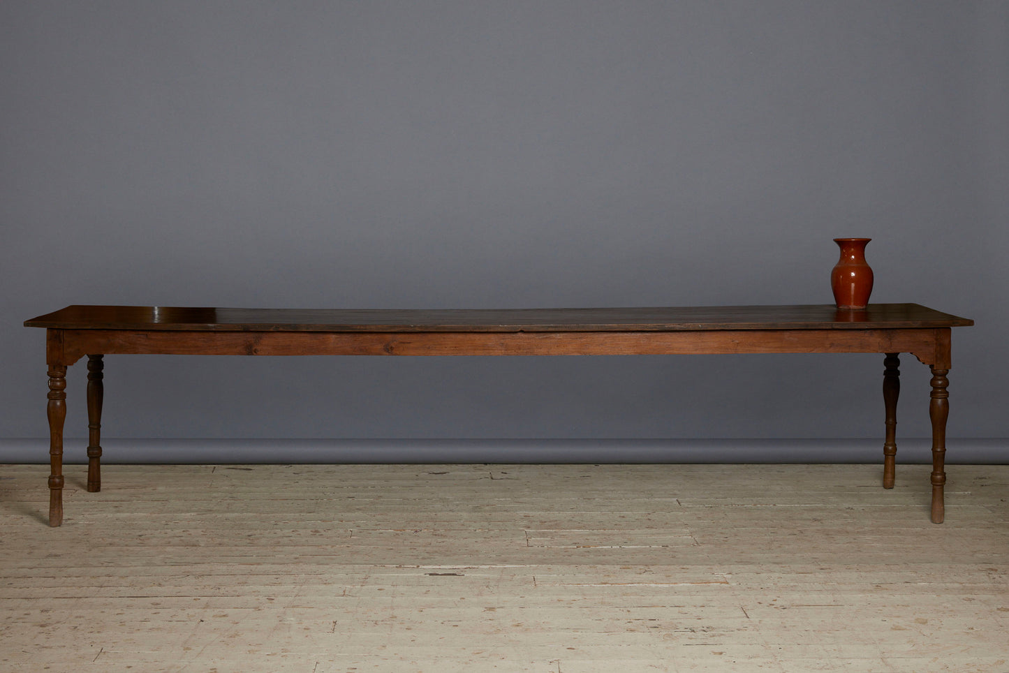 Thick Top Dutch Colonial Teak Dining Table with Turned Legs and Shaped Apron