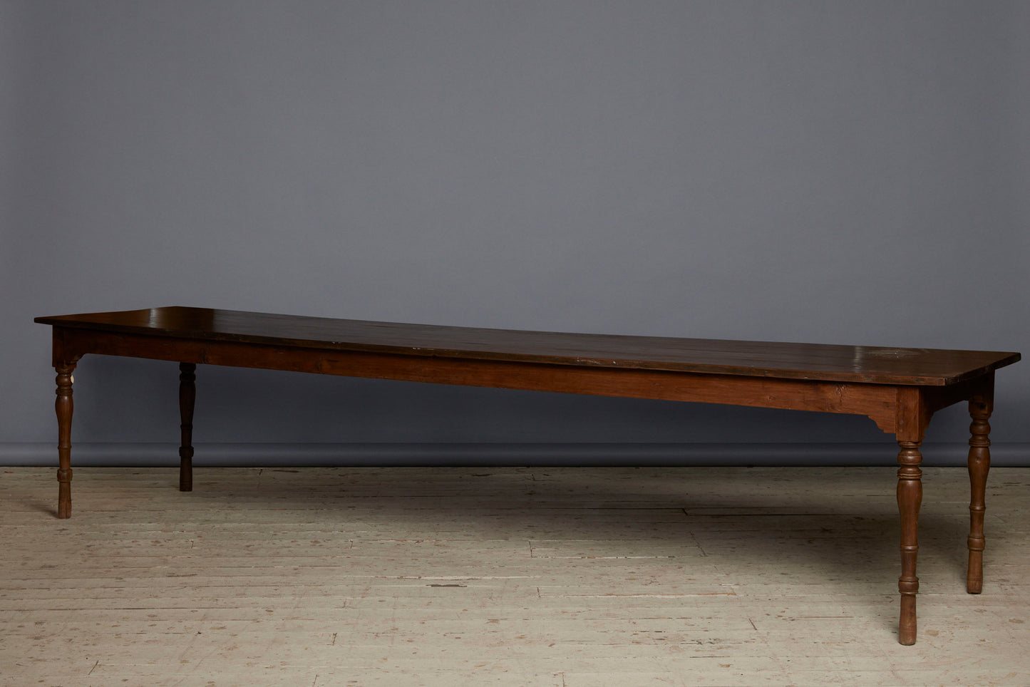 Thick Top Dutch Colonial Teak Dining Table with Turned Legs and Shaped Apron