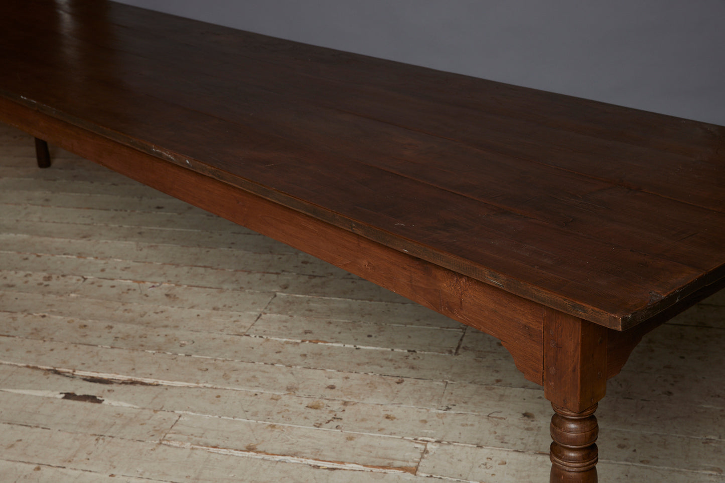Thick Top Dutch Colonial Teak Dining Table with Turned Legs and Shaped Apron