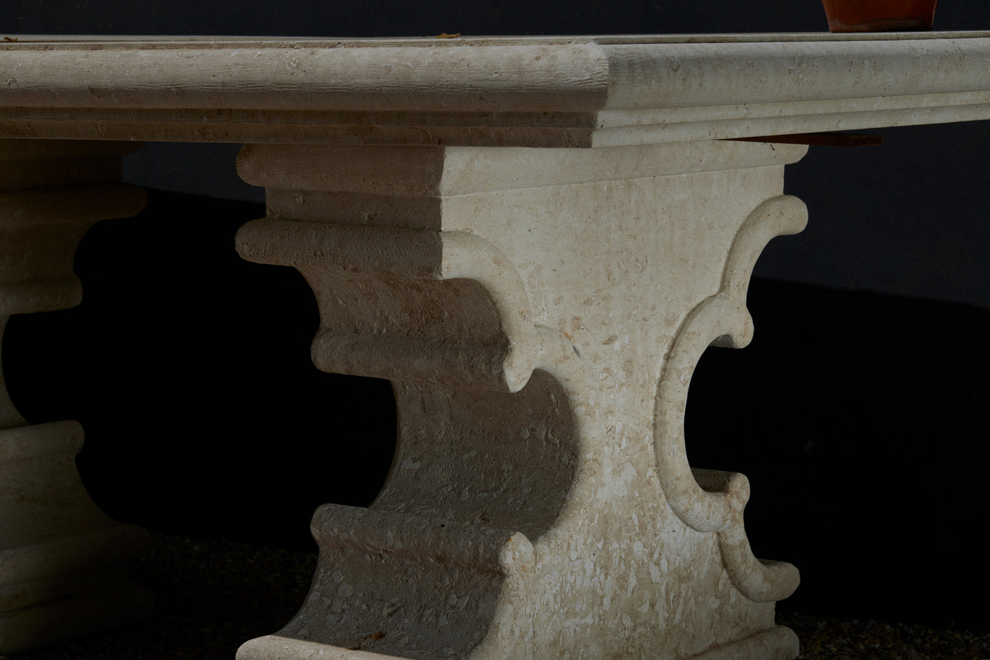 Hand Hewn French Limestone Table with Mother-in-Law Bases