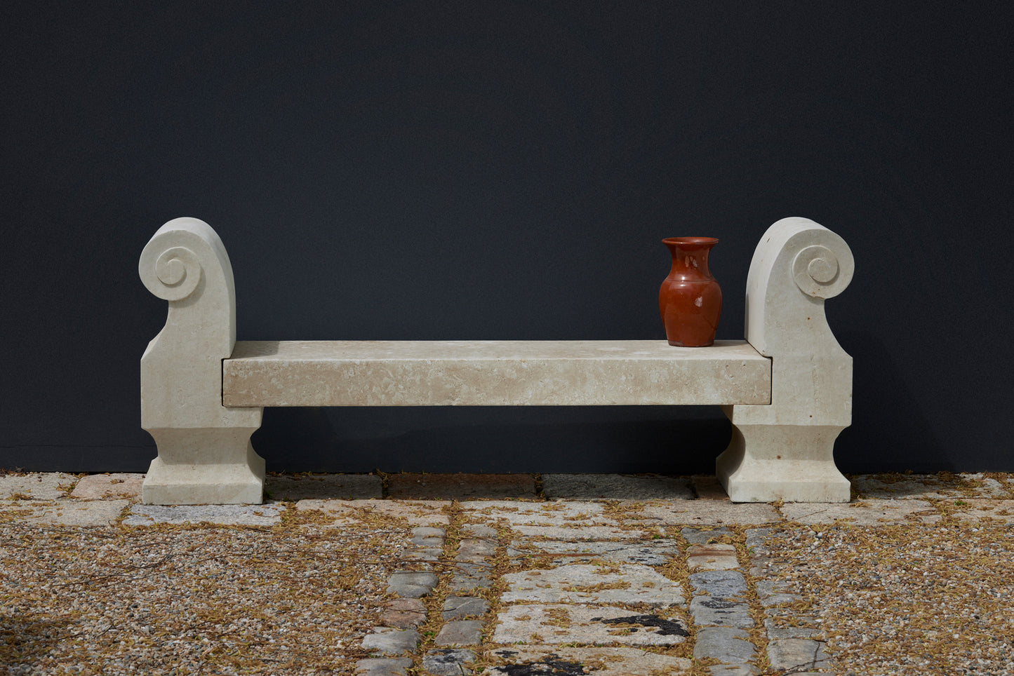 Hand Hewn French Limestone Bench with Scroll Arms