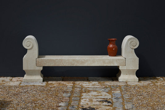 Hand Hewn French Limestone Bench with Scroll Arms