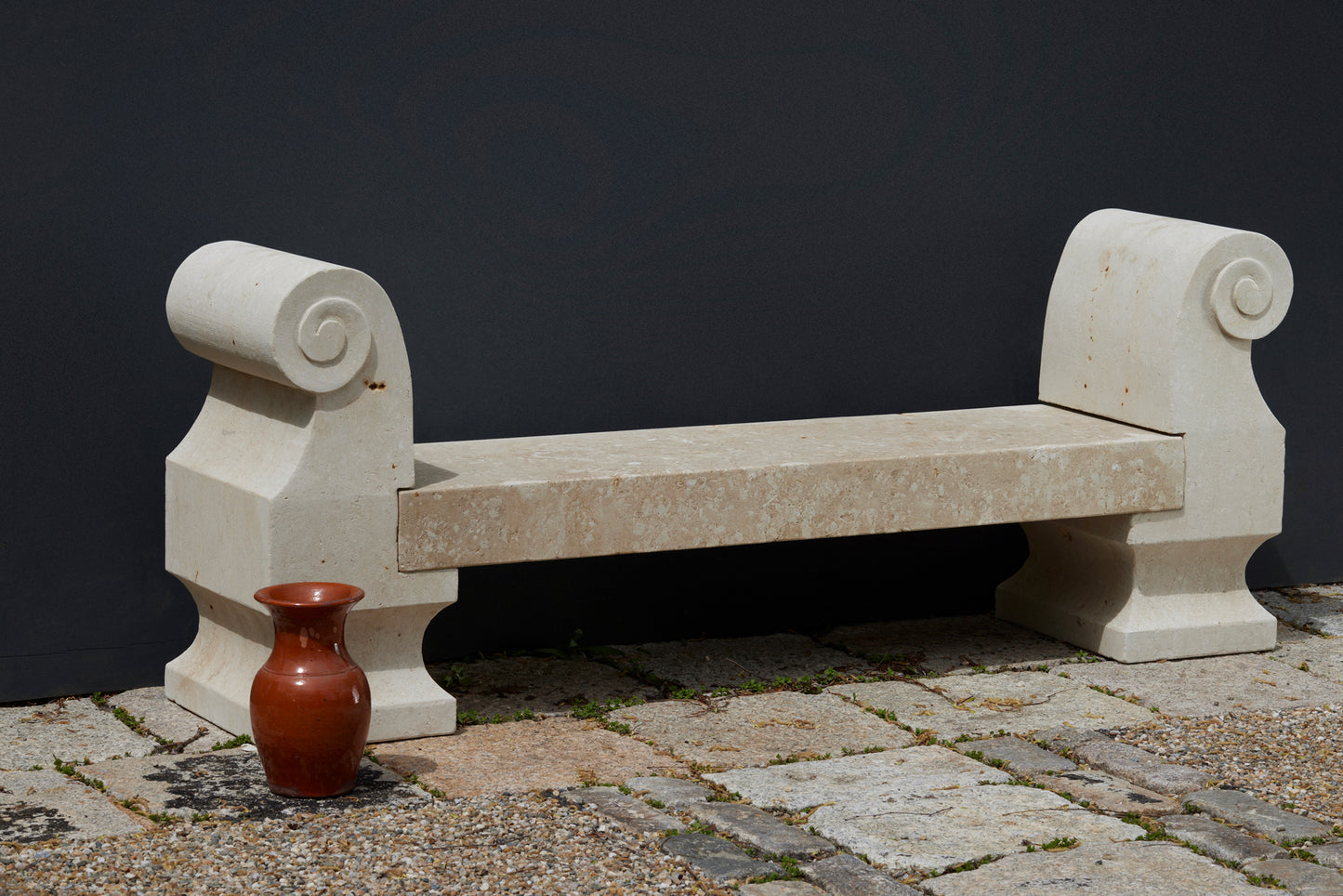 Hand Hewn French Limestone Bench with Scroll Arms