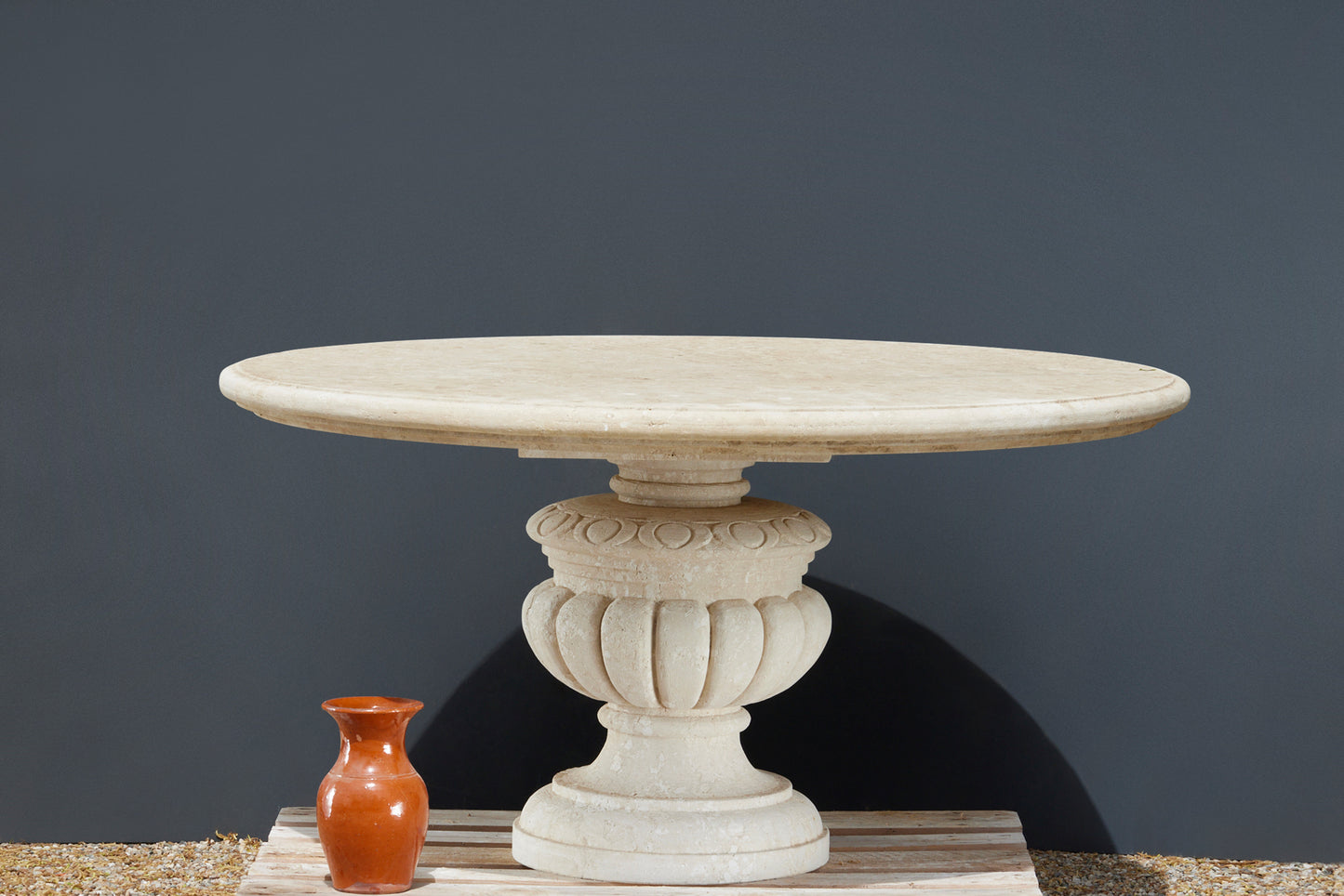 Hand Carved French Hard Limestone Round Table with a Gadrooned Base